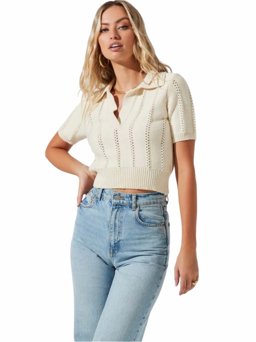 ASTR THE LABEL Cambria Pointelle Knit Short Sleeve Sweater Ivory Color Size L